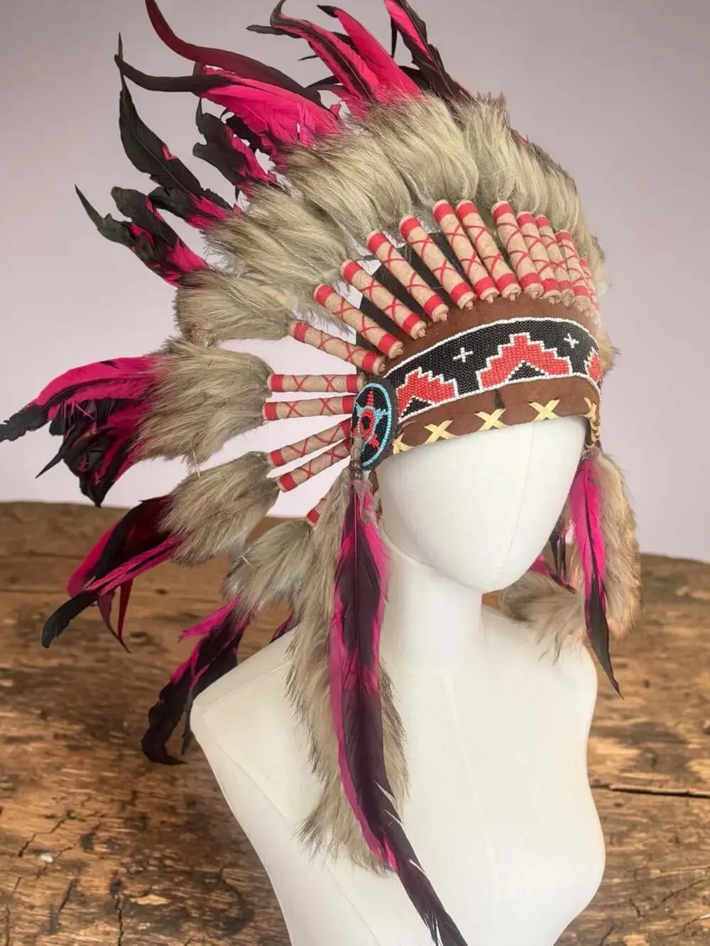Feather Headdress Black and Pink Beaded One Size